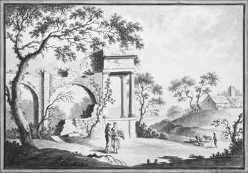 Italienische Landschaft mit klassischen Ruinen und Hirten